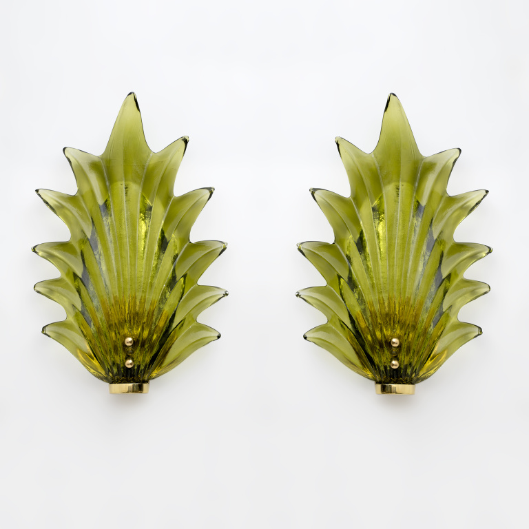Pair Barovier & Toso Style Modern Italian Murano Glass Leaf Sconces, 1980s - Image 3