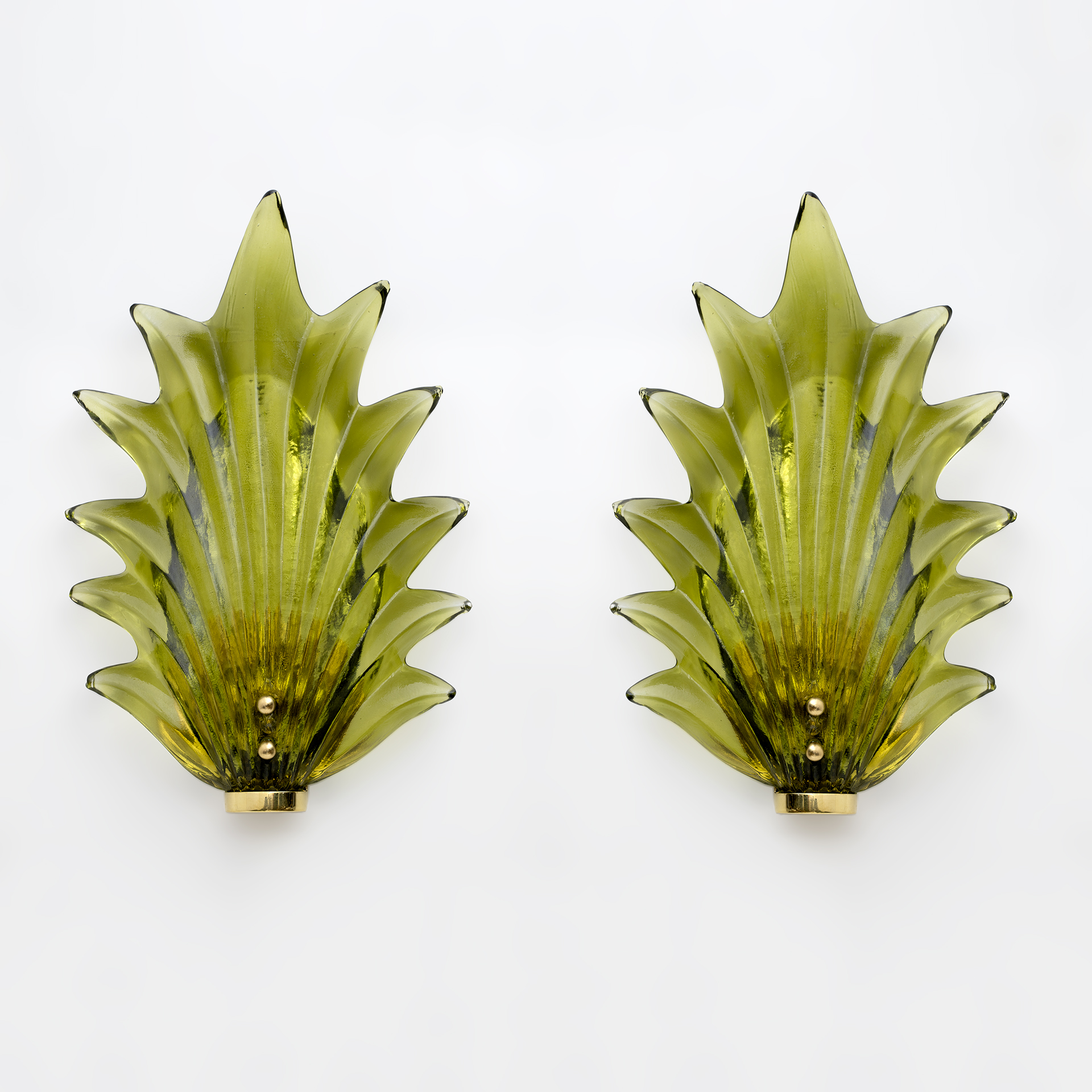 Pair Barovier & Toso Style Modern Italian Murano Glass Leaf Sconces, 1980s
