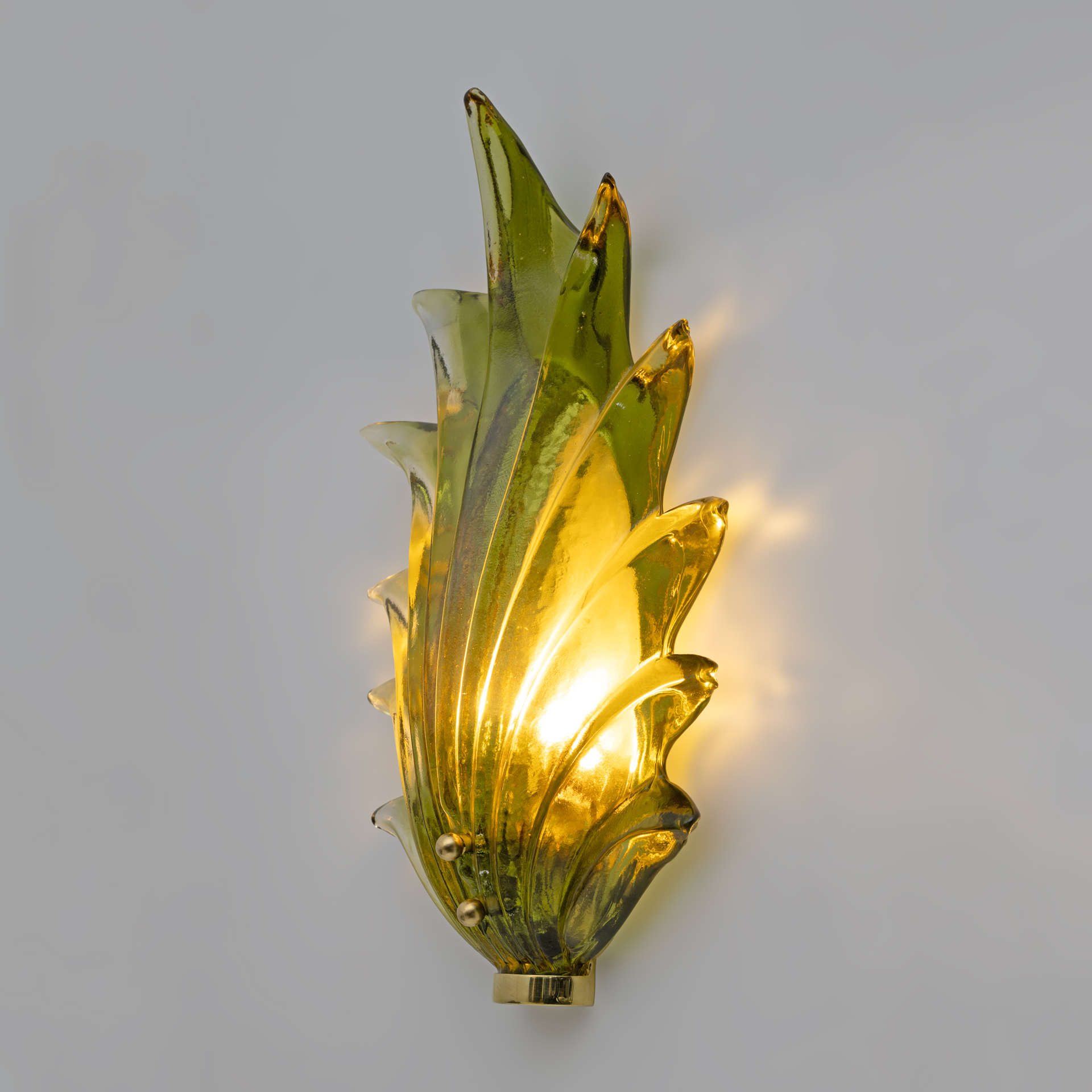Pair Barovier & Toso Style Modern Italian Murano Glass Leaf Sconces, 1980s