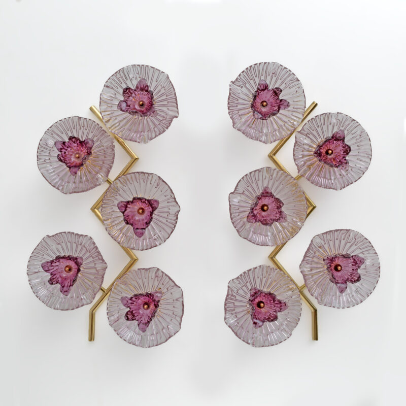 Pair of Modern Italian Murano Glass and Brass Flowers Wall Lamps