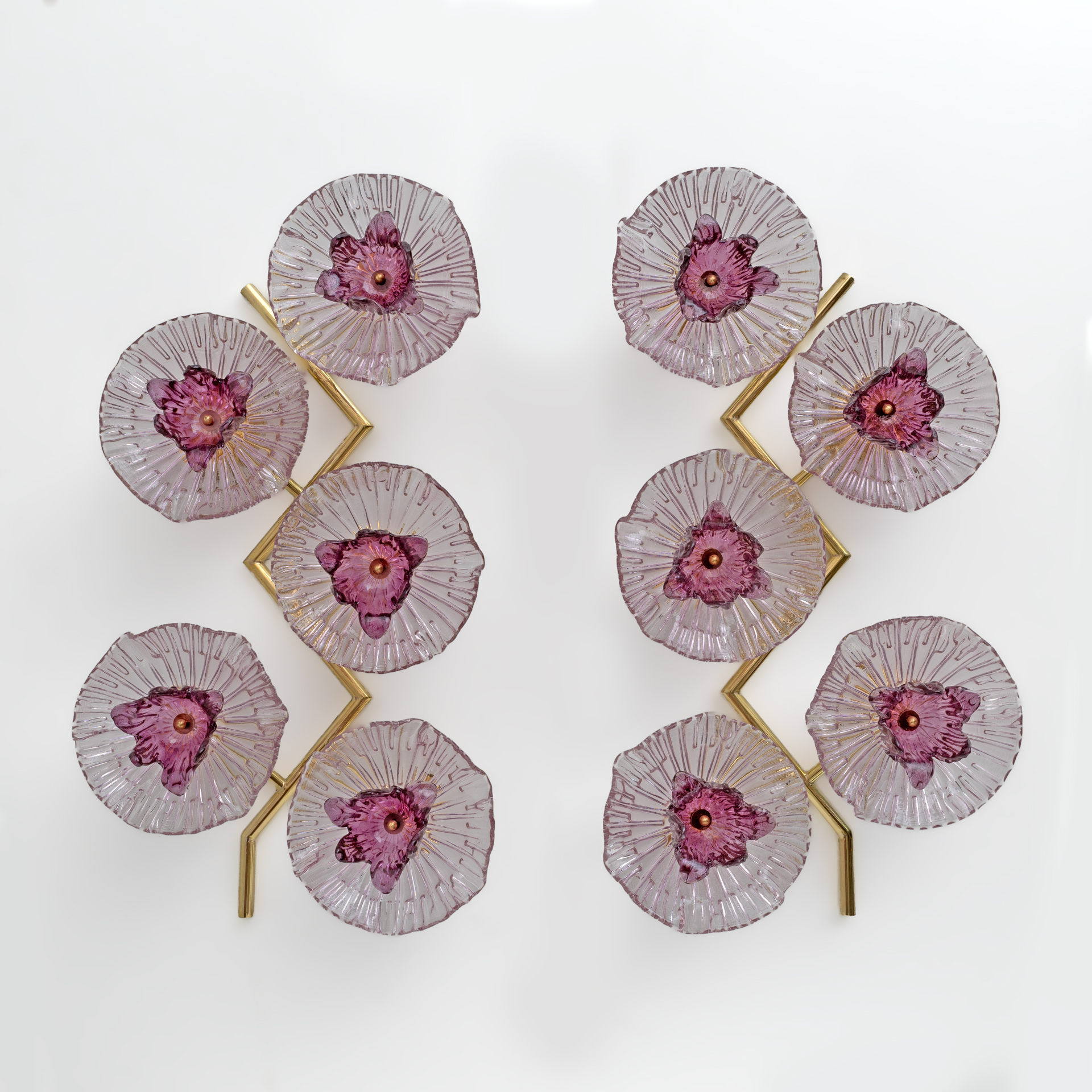 Pair of Modern Italian Murano Glass and Brass Flowers Wall Lamps
