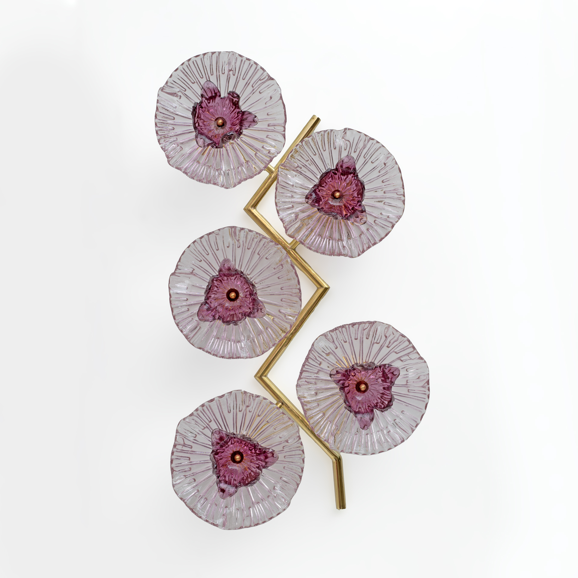Pair of Modern Italian Murano Glass and Brass Flowers Wall Lamps