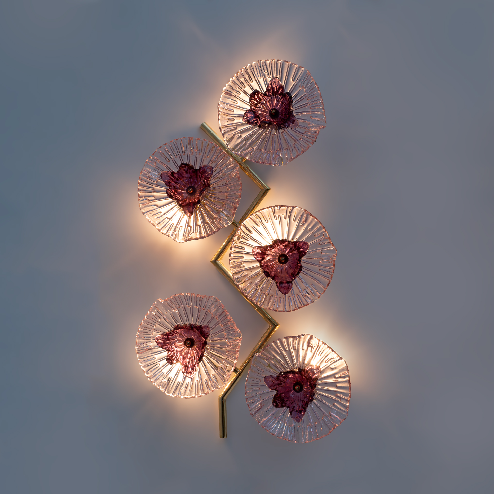 Pair of Modern Italian Murano Glass and Brass Flowers Wall Lamps