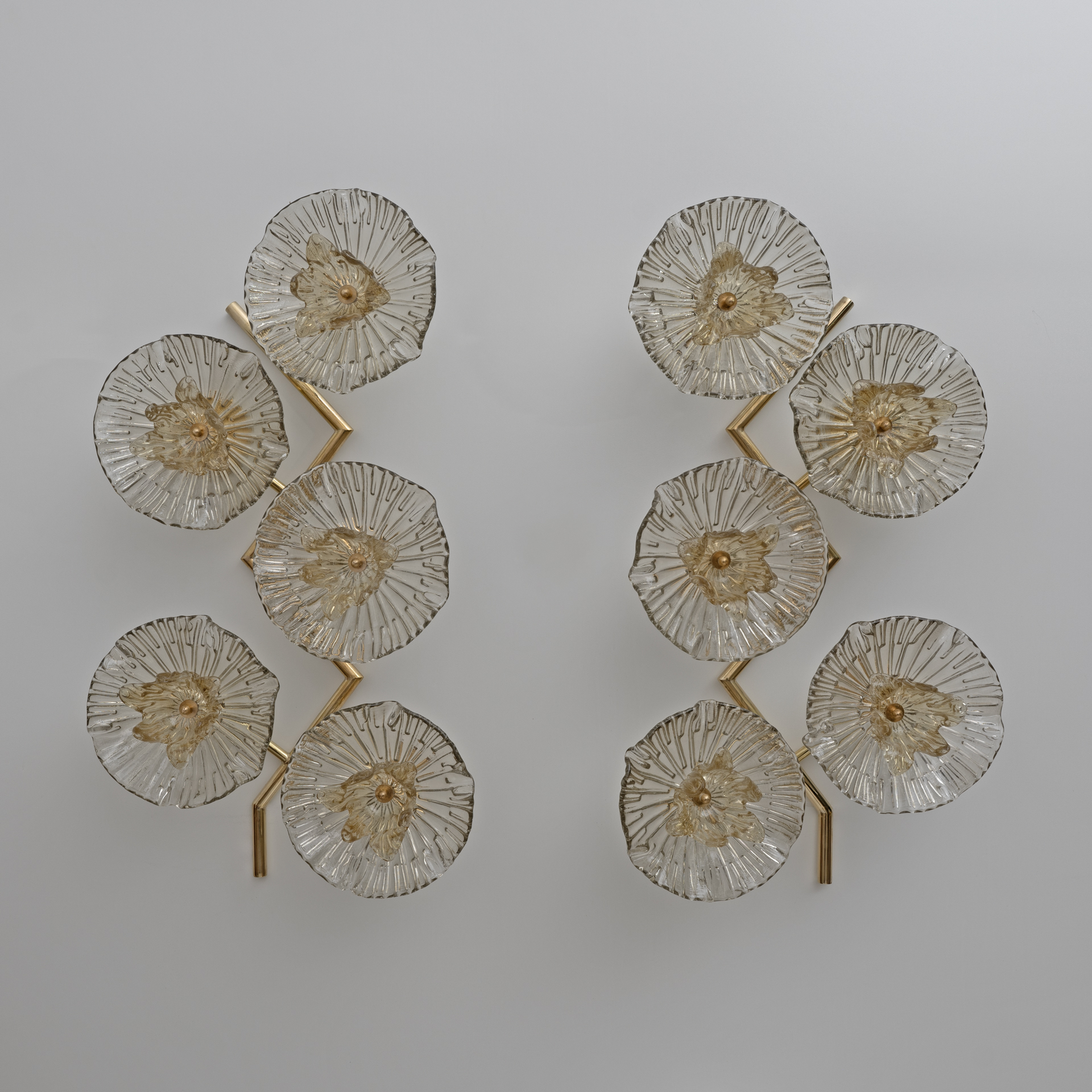 Pair of Modern Italian Murano Glass and Brass Flowers Wall Lamps