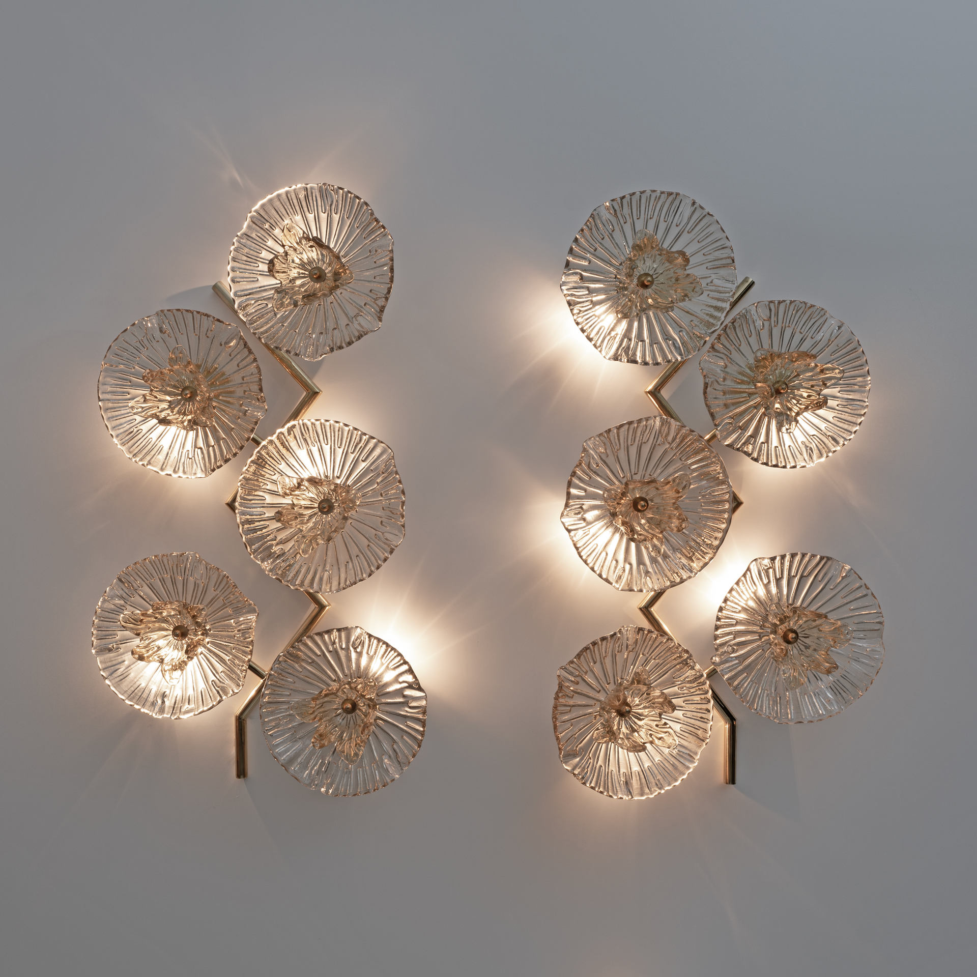 Pair of Modern Italian Murano Glass and Brass Flowers Wall Lamps