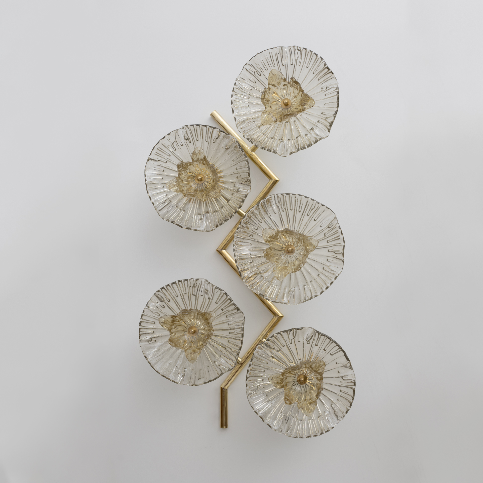 Pair of Modern Italian Murano Glass and Brass Flowers Wall Lamps
