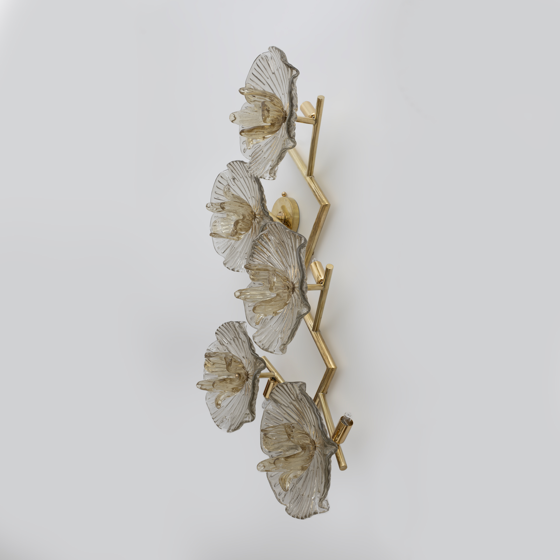 Pair of Modern Italian Murano Glass and Brass Flowers Wall Lamps
