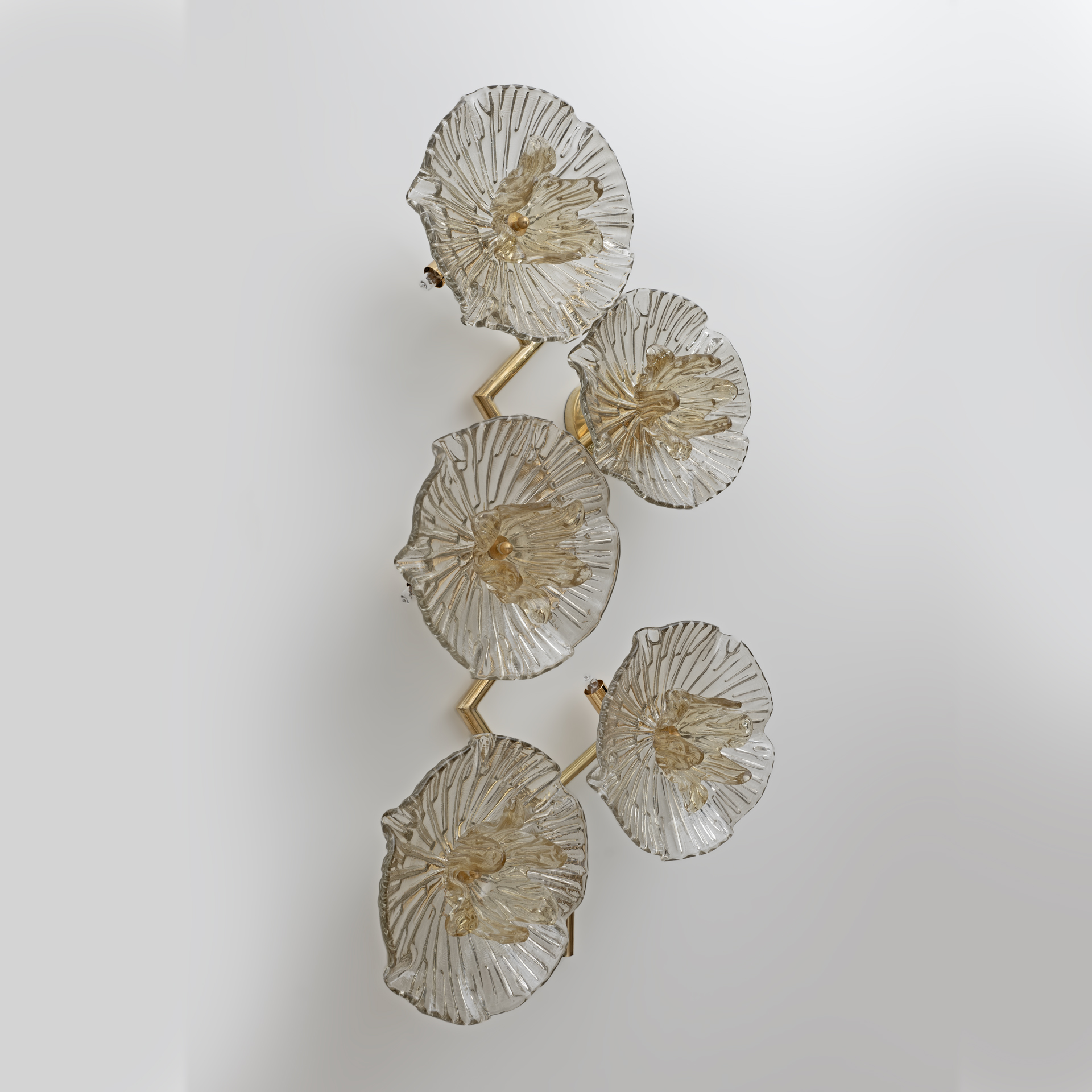 Pair of Modern Italian Murano Glass and Brass Flowers Wall Lamps