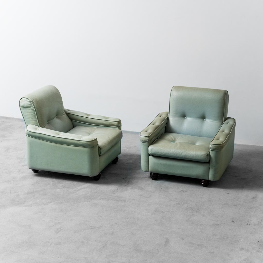Pair Of Armchairs In Sage Green Fabric From The 1950s Modern Vintage