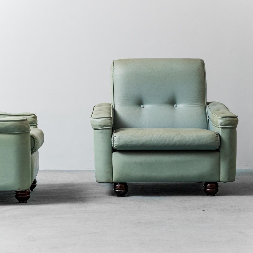 Pair Of Armchairs In Sage Green Fabric From The 1950s Modern Vintage