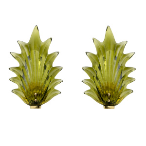 Pair Barovier & Toso Style Modern Italian Murano Glass Leaf Sconces, 1980s