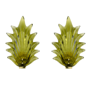 Pair Barovier & Toso Style Modern Italian Murano Glass Leaf Sconces, 1980s