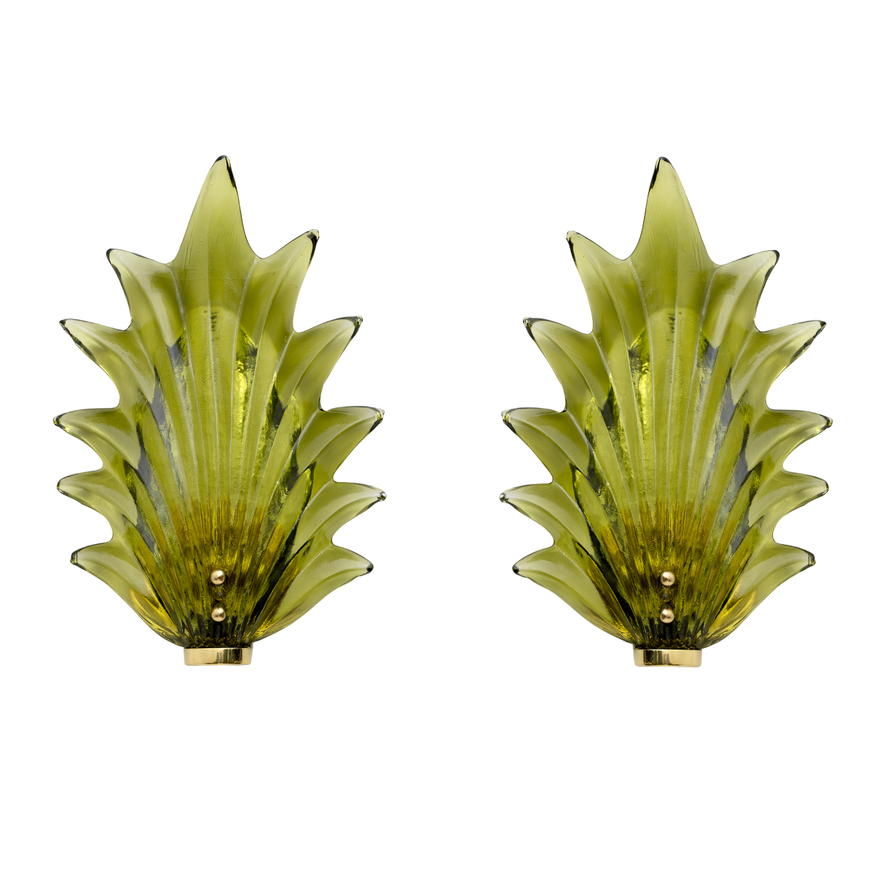 Pair Barovier & Toso Style Modern Italian Murano Glass Leaf Sconces, 1980s
