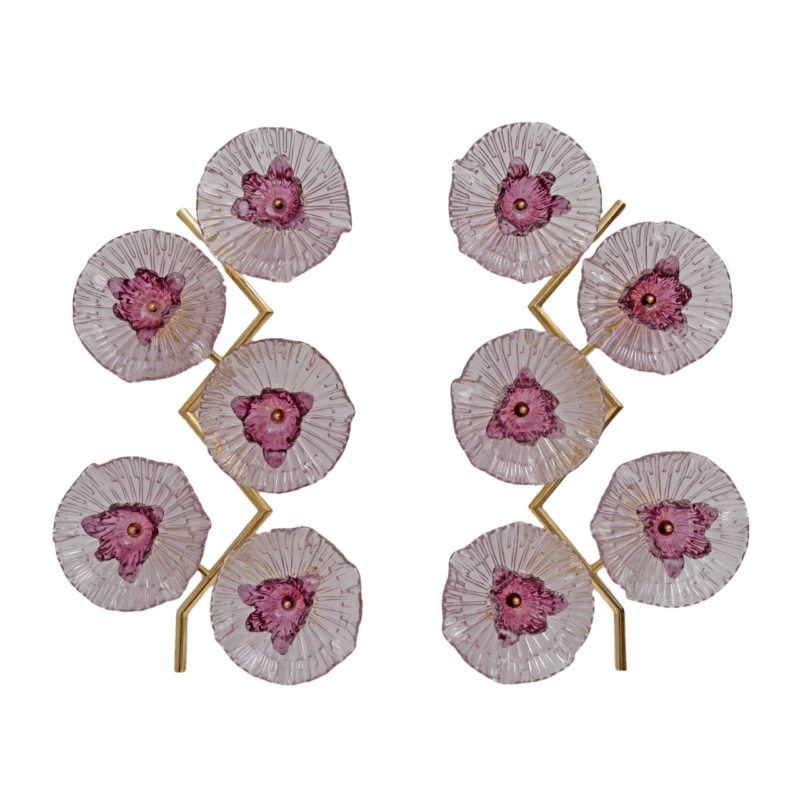Pair of Modern Italian Murano Glass and Brass Flowers Wall Lamps