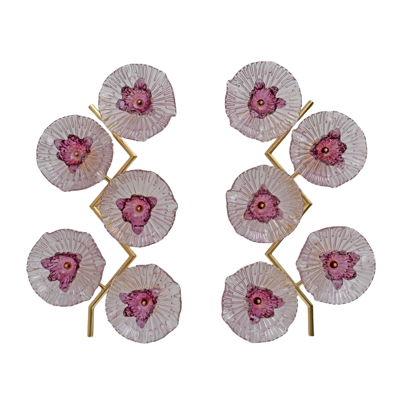 Pair of Modern Italian Murano Glass and Brass Flowers Wall Lamps