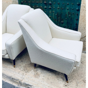Mid Century French Cream Boucle Lounge Chairs, 1950s