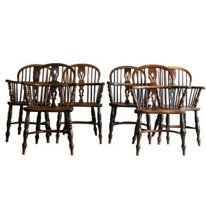 Set 6 Antique Elm Windsor Arm Chairs