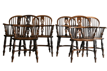 Set 6 Antique Elm Windsor Arm Chairs