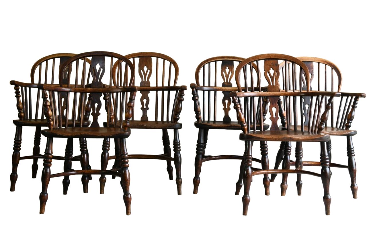 Set 6 Antique Elm Windsor Arm Chairs