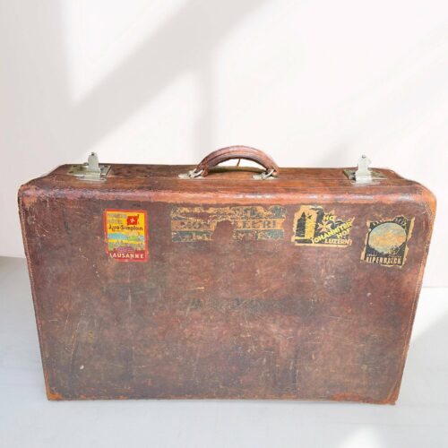VintageAntique Large Heavy Tan Leather Suitcase Stamped Army And Navy London With Stickers Circa 1930