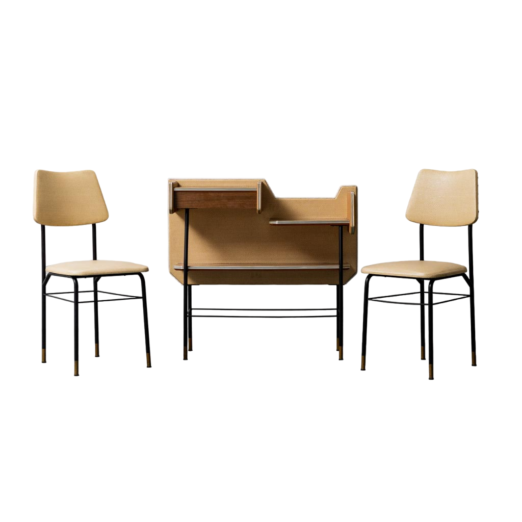 Wooden Console 2 Modern Vintage 60's Fabric Chairs