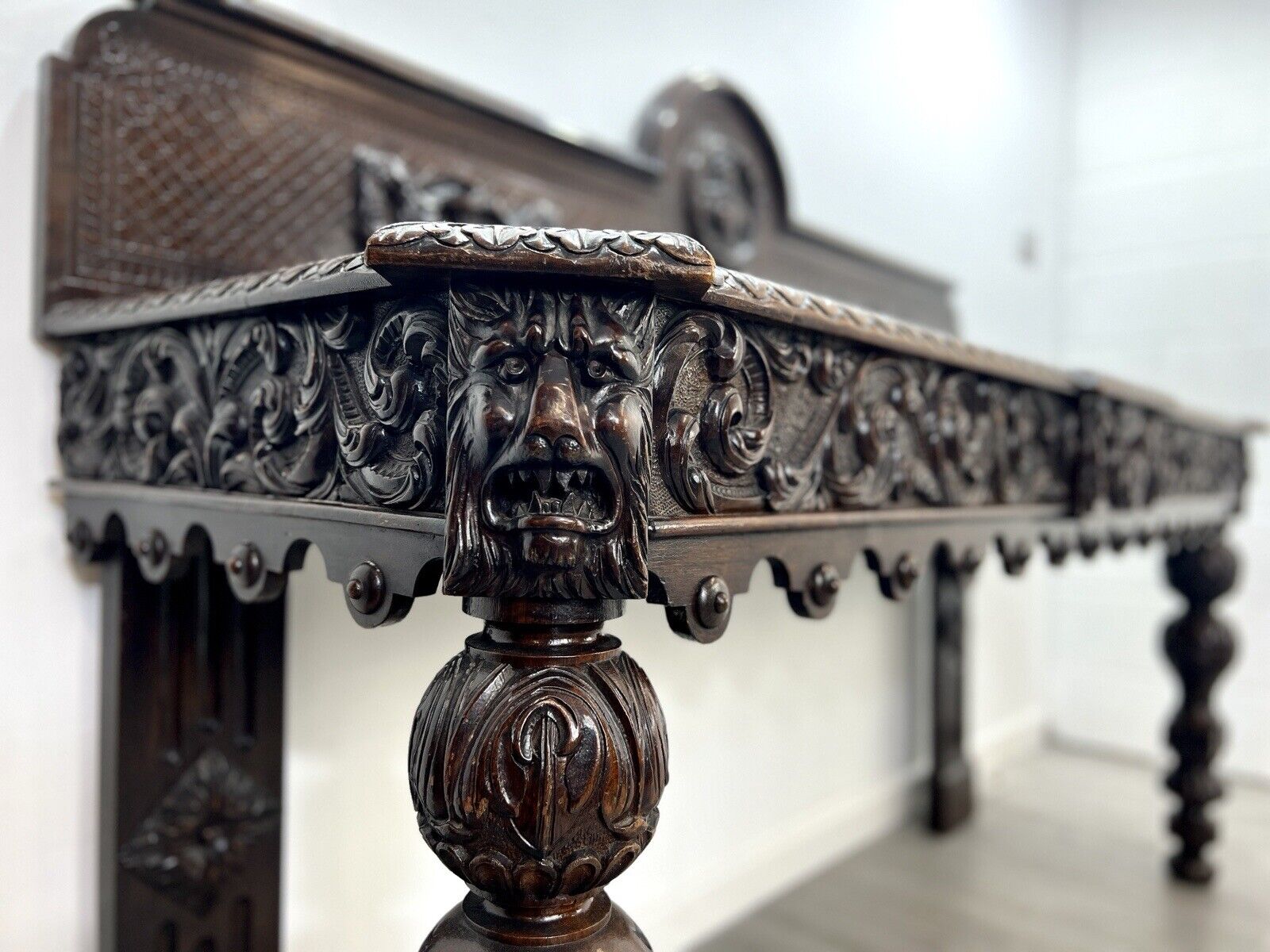 A Large Elizabethan Revival, Lion Mask Carved Console / Serving Table