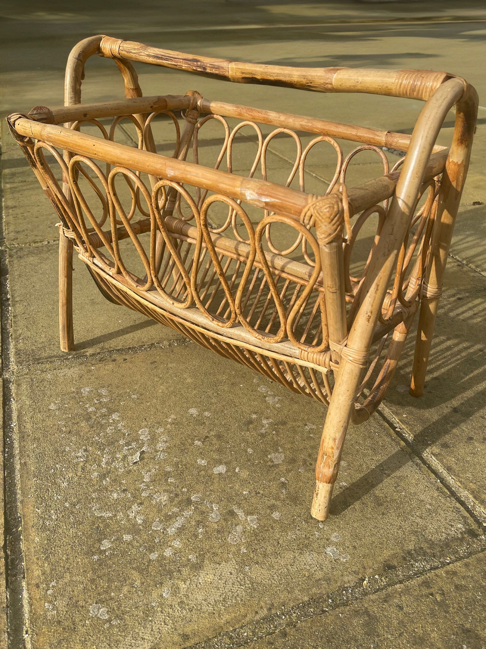 Beautiful, mid-century, bamboo and rattan magazine rack / storage basket, circa 1950's - 1960's