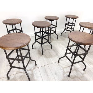 Industrial, Factory / Workshop Iron and Mahogany Stool
