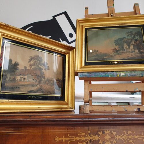 Pair Of Antique Early 19th Century Gilt Framed & Reverse Painted Etchings