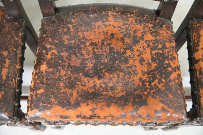 4 Antique Cromwellian Style Leather Oak Dining Chairs - Image 7
