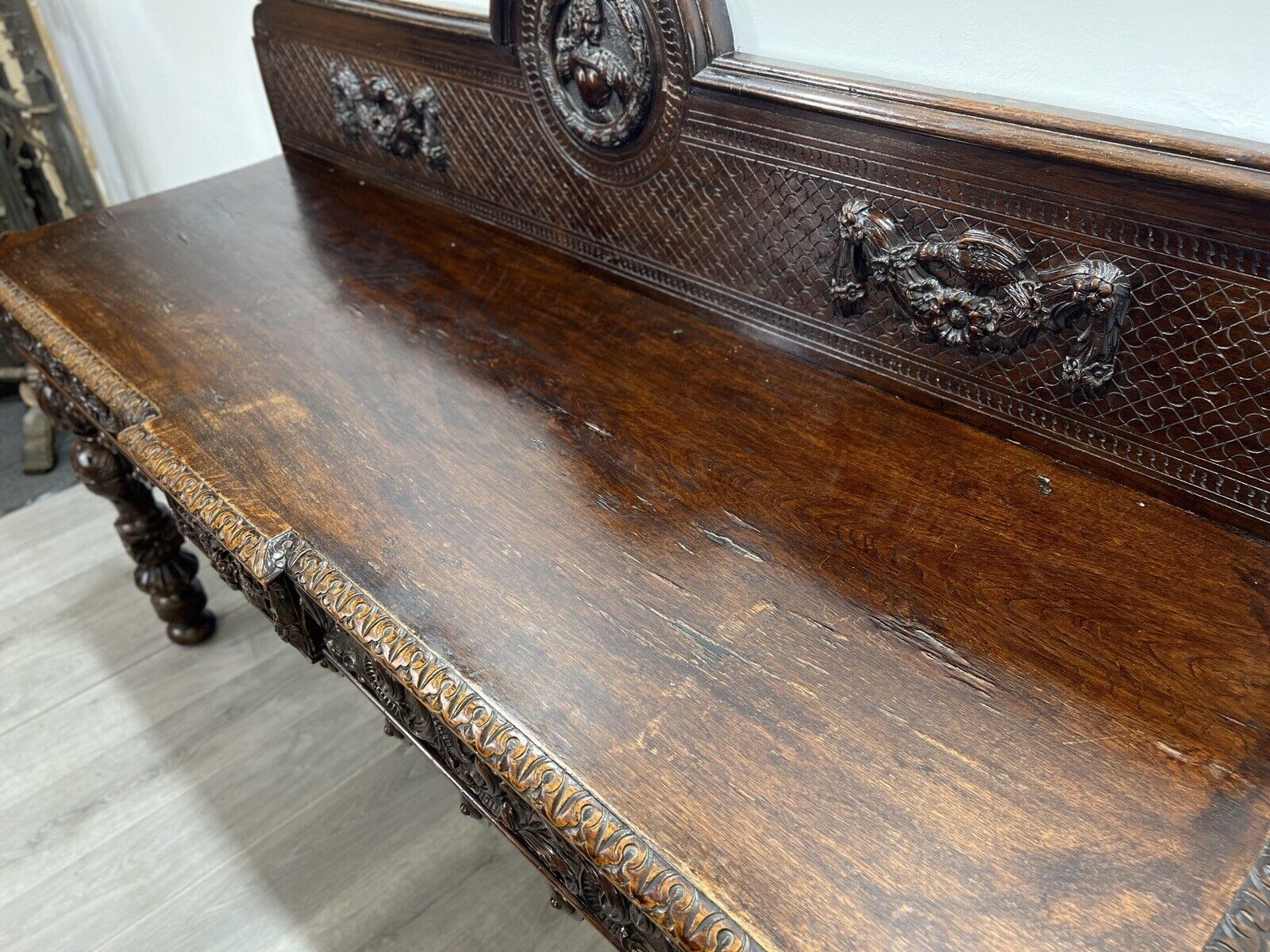 A Large Elizabethan Revival, Lion Mask Carved Console / Serving Table