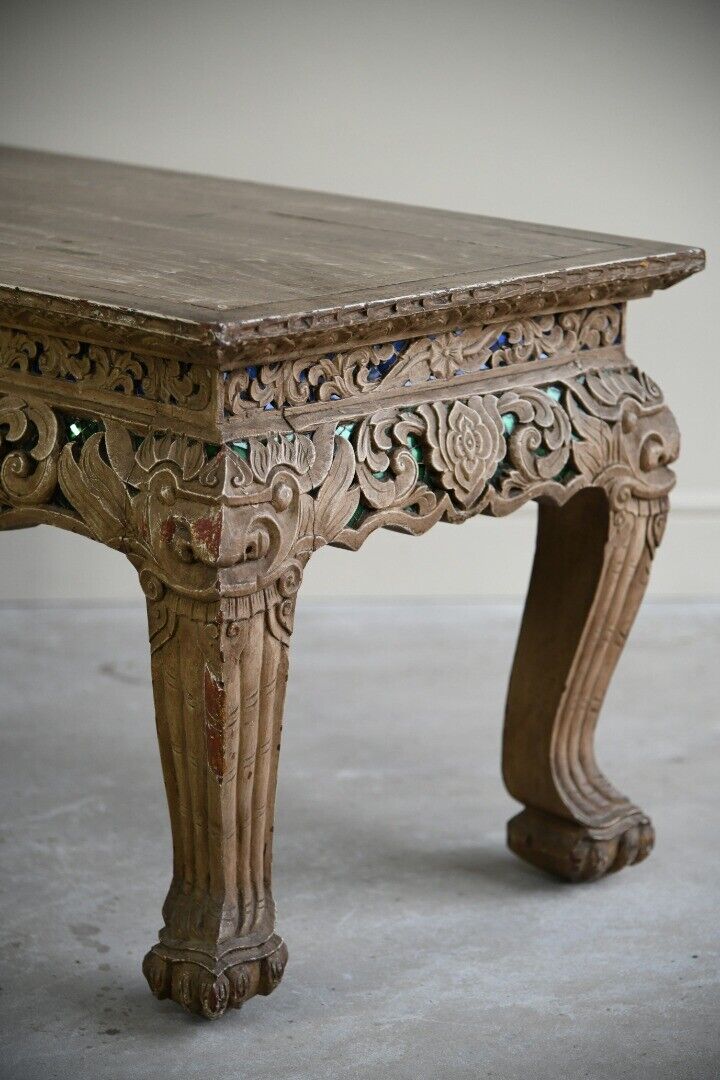 Oriental Jewelled Carved Wooden Coffee Table