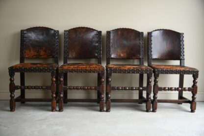 4 Antique Cromwellian Style Leather Oak Dining Chairs - Image 6