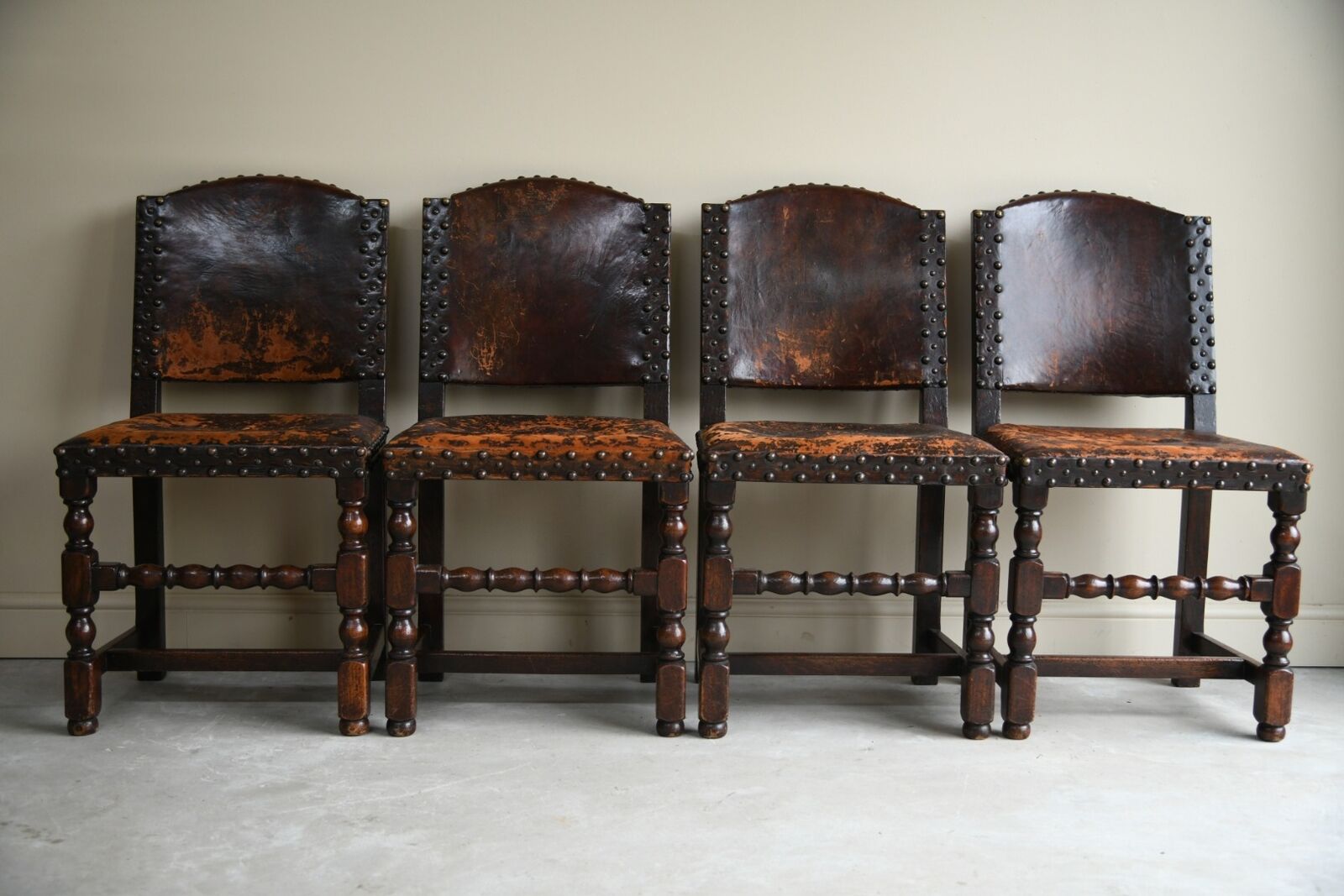 4 Antique Cromwellian Style Leather Oak Dining Chairs