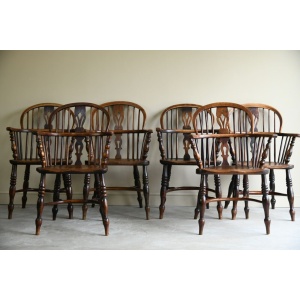 Set 6 Antique Elm Windsor Arm Chairs