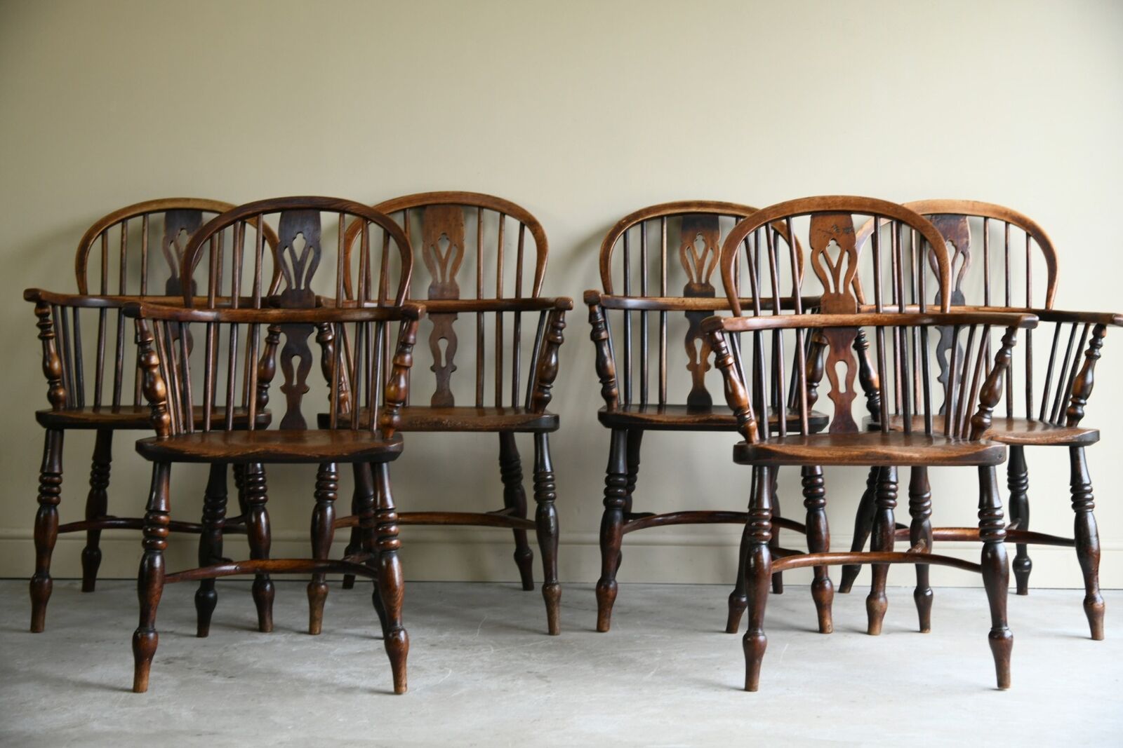 Set 6 Antique Elm Windsor Arm Chairs
