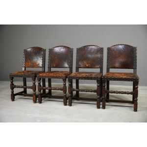 4 Antique Cromwellian Style Leather Oak Dining Chairs