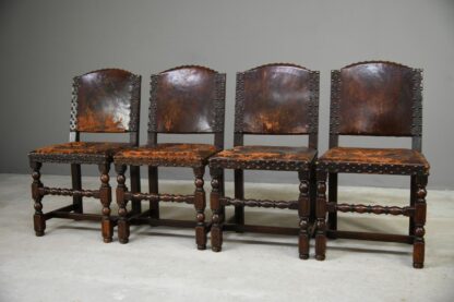 4 Antique Cromwellian Style Leather Oak Dining Chairs - Image 5