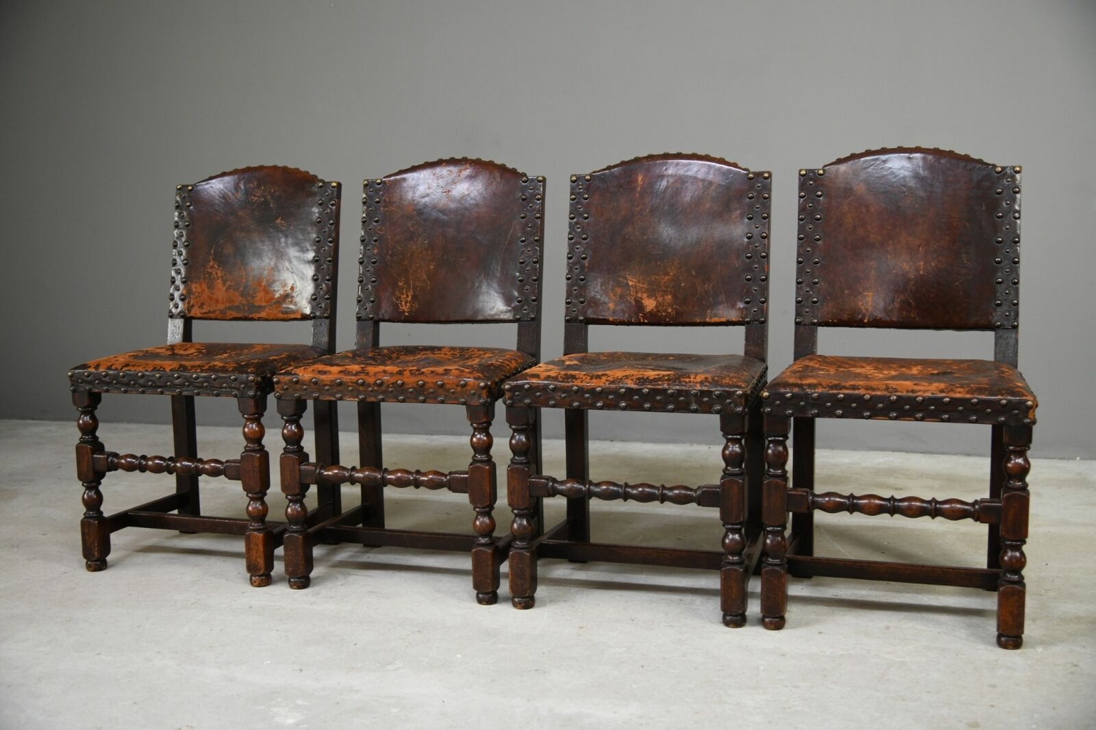 4 Antique Cromwellian Style Leather Oak Dining Chairs