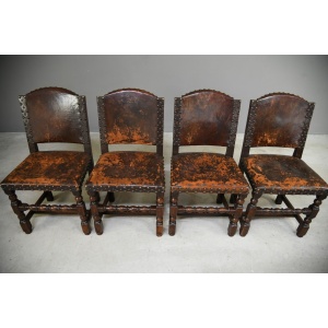4 Antique Cromwellian Style Leather Oak Dining Chairs