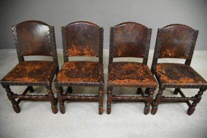 4 Antique Cromwellian Style Leather Oak Dining Chairs - Image 8