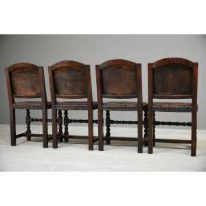 4 Antique Cromwellian Style Leather Oak Dining Chairs