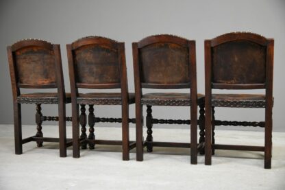 4 Antique Cromwellian Style Leather Oak Dining Chairs - Image 4