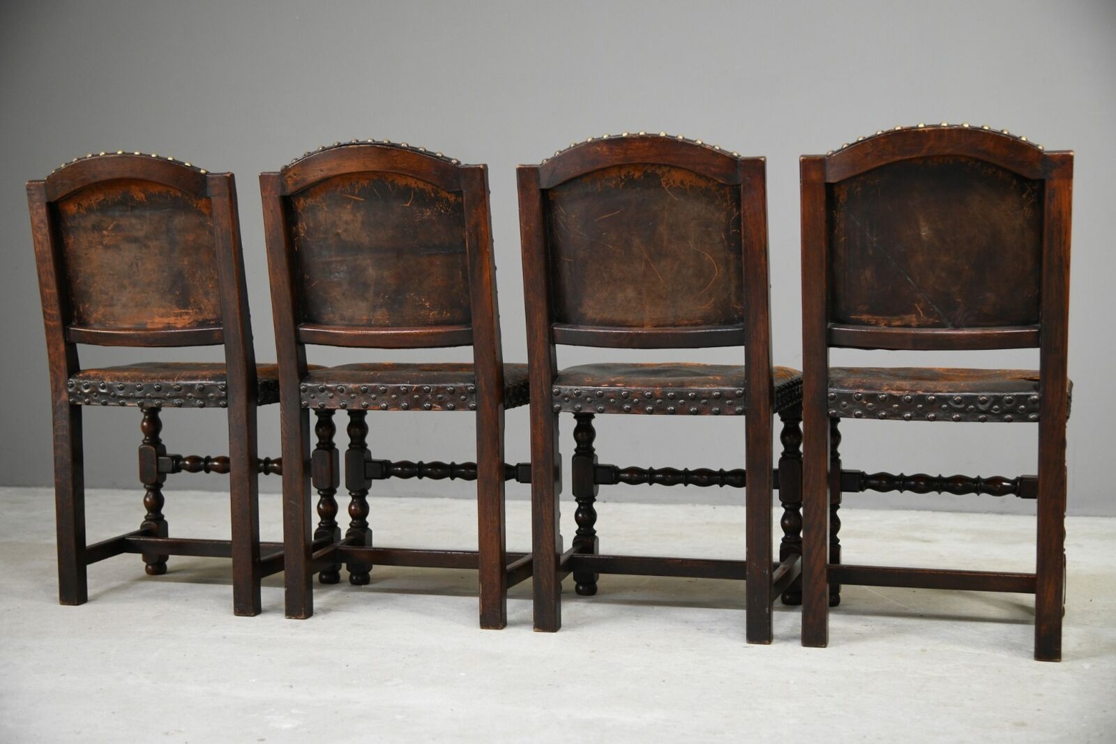 4 Antique Cromwellian Style Leather Oak Dining Chairs