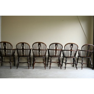 Set 6 Antique Elm Windsor Arm Chairs