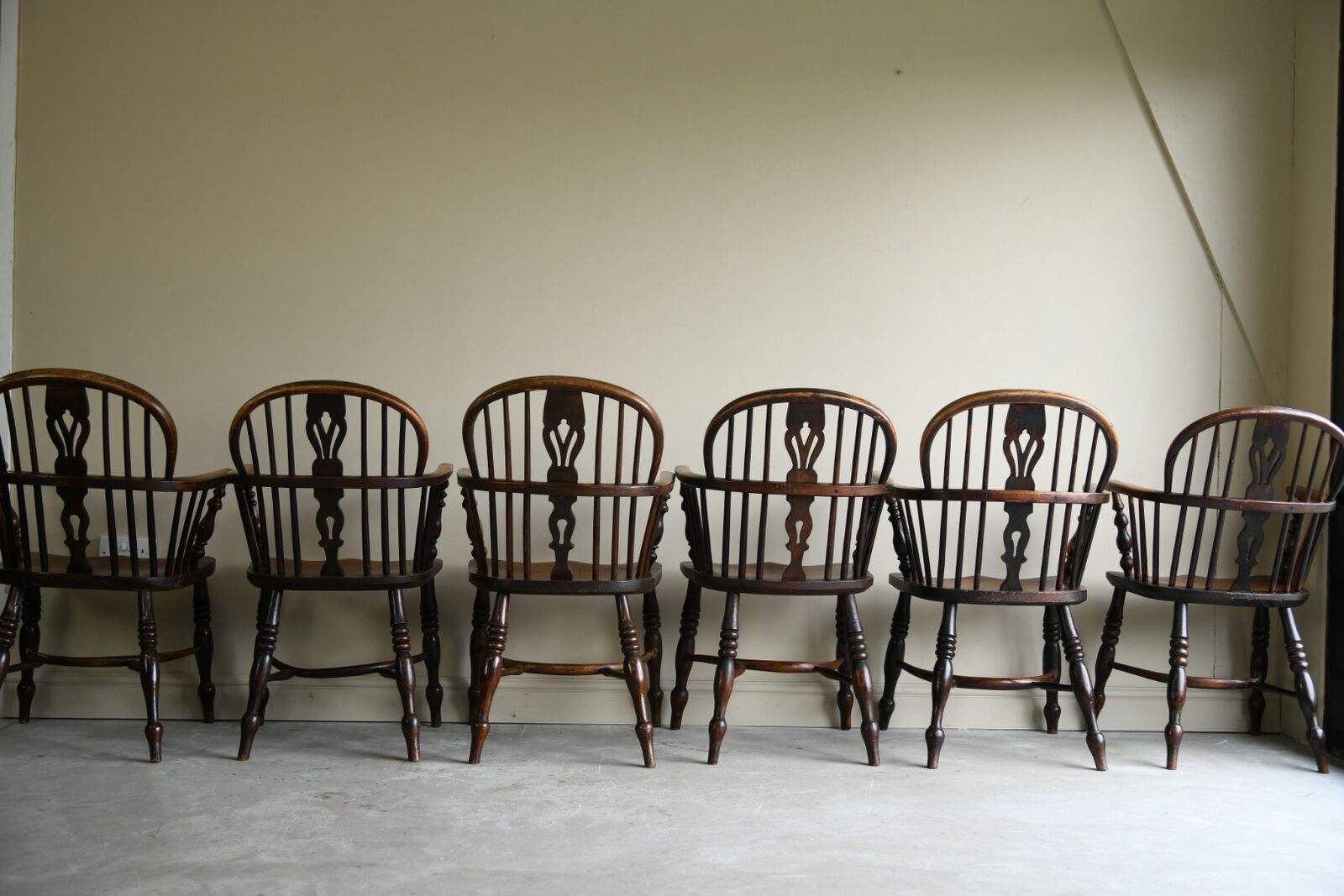 Set 6 Antique Elm Windsor Arm Chairs