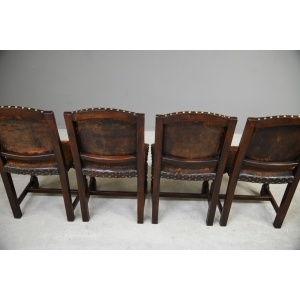4 Antique Cromwellian Style Leather Oak Dining Chairs