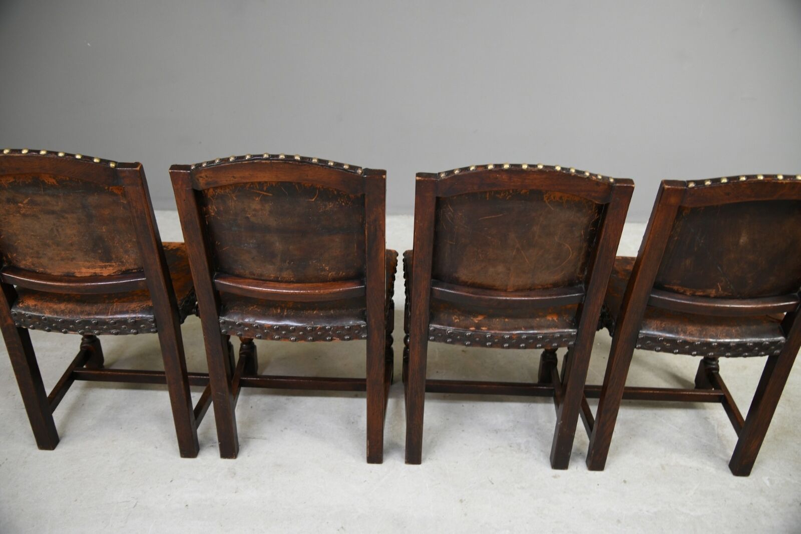 4 Antique Cromwellian Style Leather Oak Dining Chairs