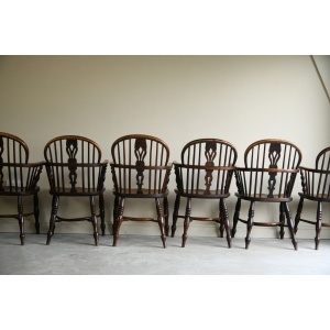 Set 6 Antique Elm Windsor Arm Chairs