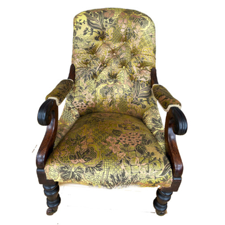 A Victorian antique lounge Chair- Elegant Carved Wood & Horsehair Upholstery
